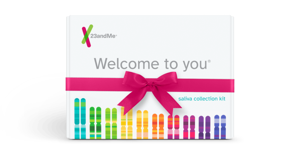 a 23andMe kit with a pink bow.