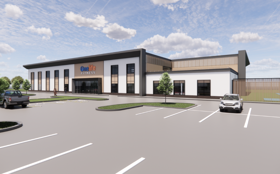 An exterior rendering of Onelife Fitness new location in Maryland.