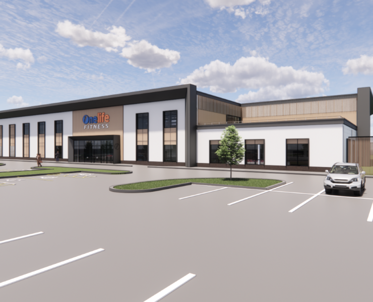 An exterior rendering of Onelife Fitness new location in Maryland.
