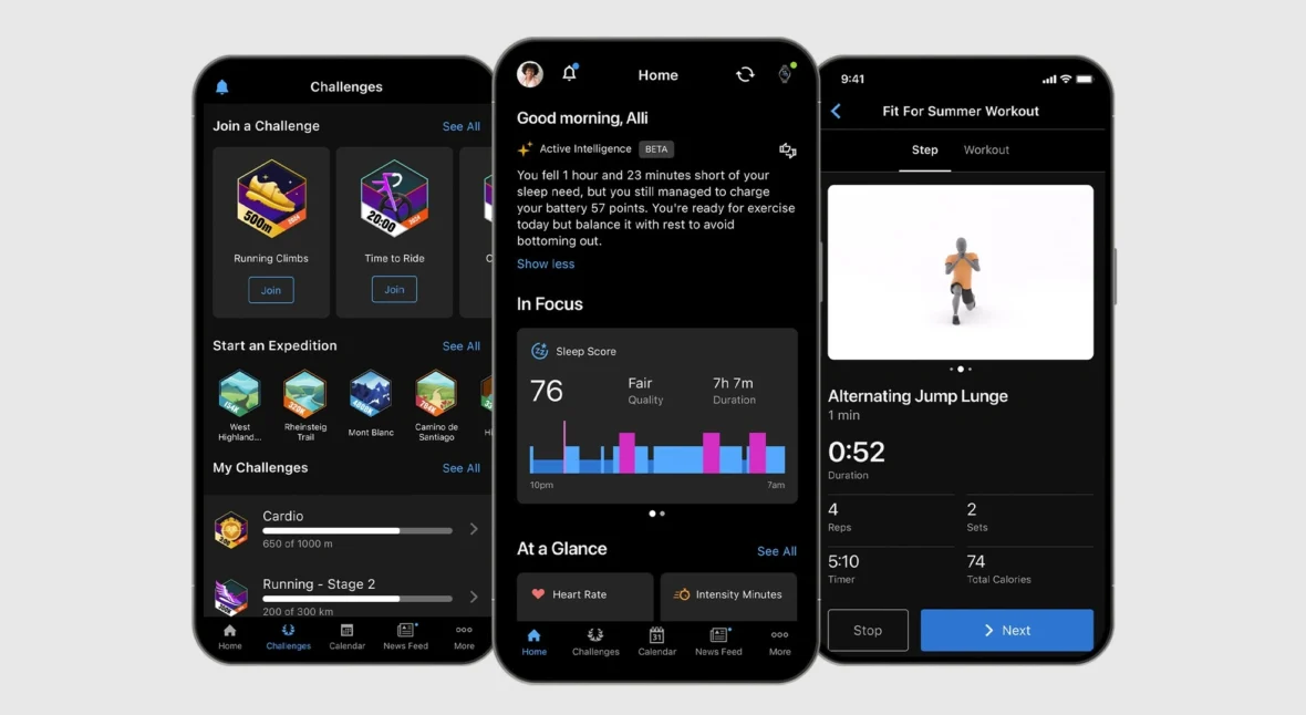 phone screens displaying Garmin Connect+ features