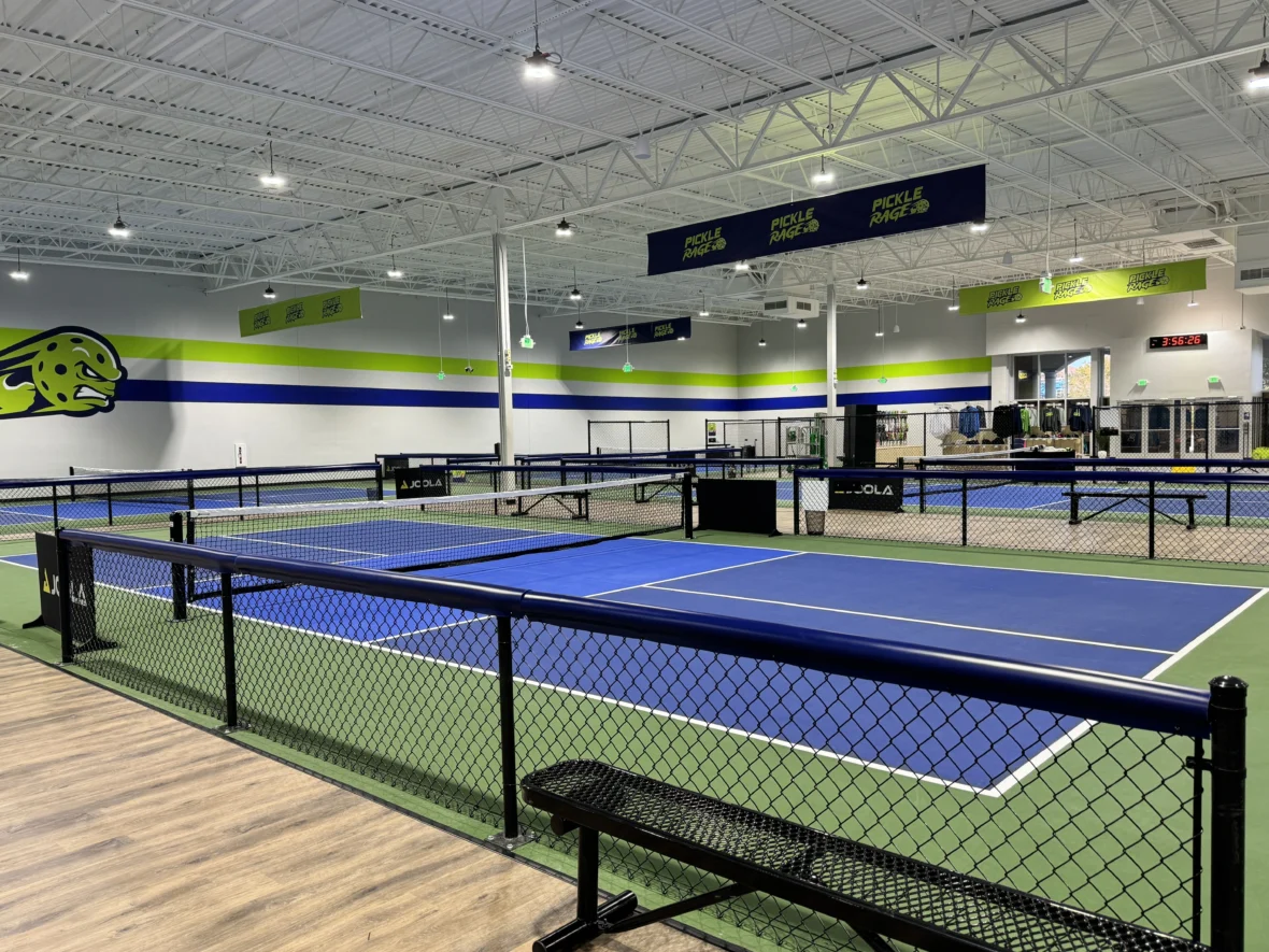 An interior shot of a PickleRage court.