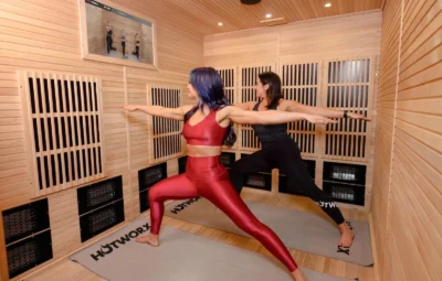 Women doing yoga in a sauna