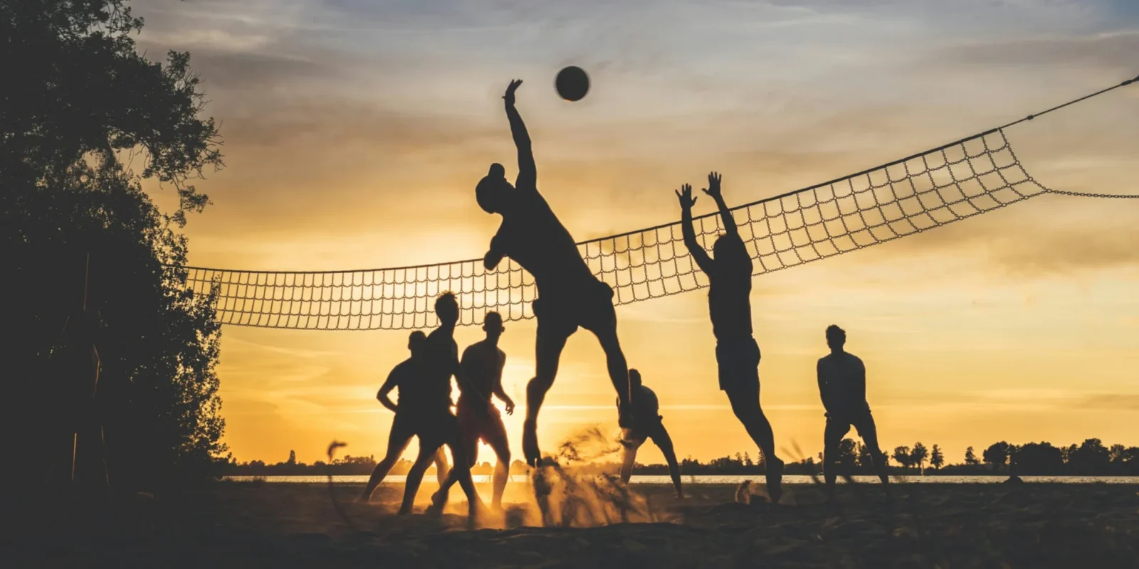 A group of fitness enthusiasts/sports fans playing volleyball.
