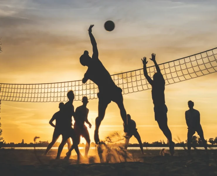 A group of fitness enthusiasts/sports fans playing volleyball.