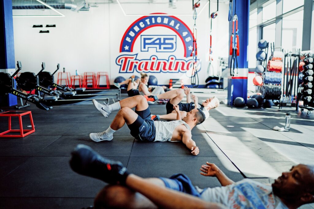 F45 fitness training class in gym