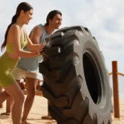 people on beach strength training with a giant tire