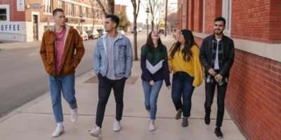 A group of young people walking down the street.