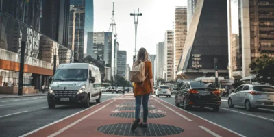 A woman traveler wearing a backpack.