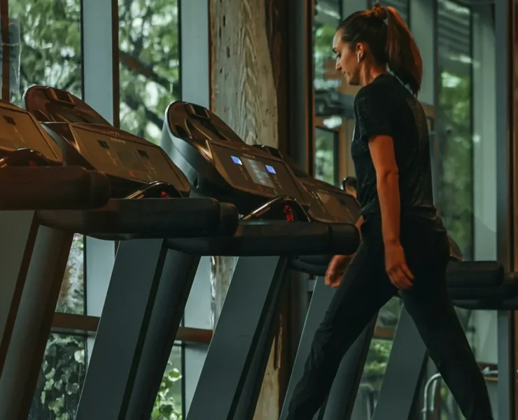 A woman walking on a treadmill.