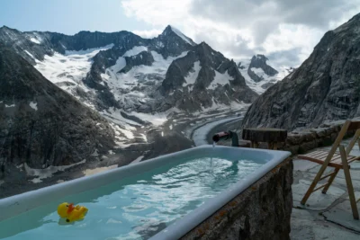 a cold bath in a cold landscape