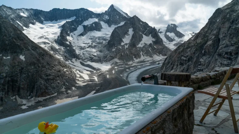 a cold bath in a cold landscape