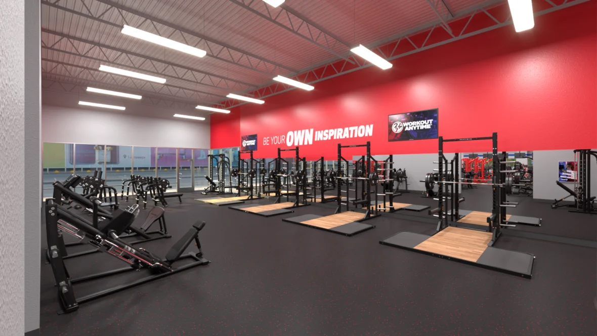 weightlifting platforms inside a Workout Anytime gym