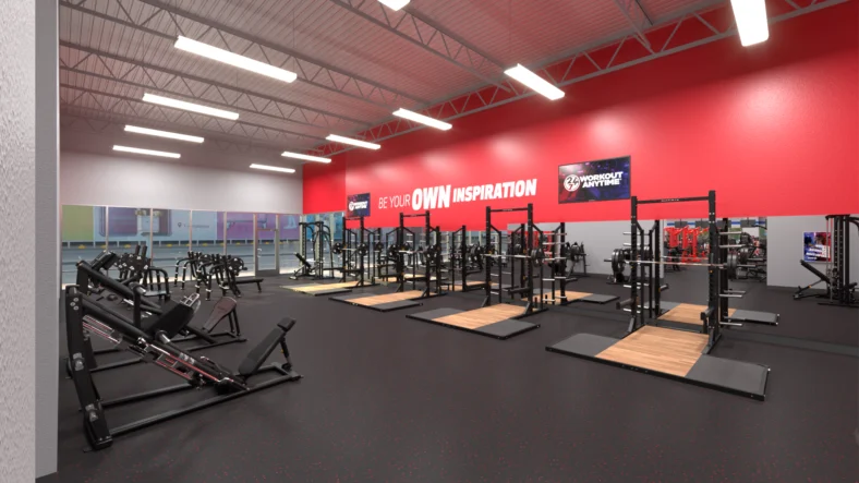 weightlifting platforms inside a Workout Anytime gym
