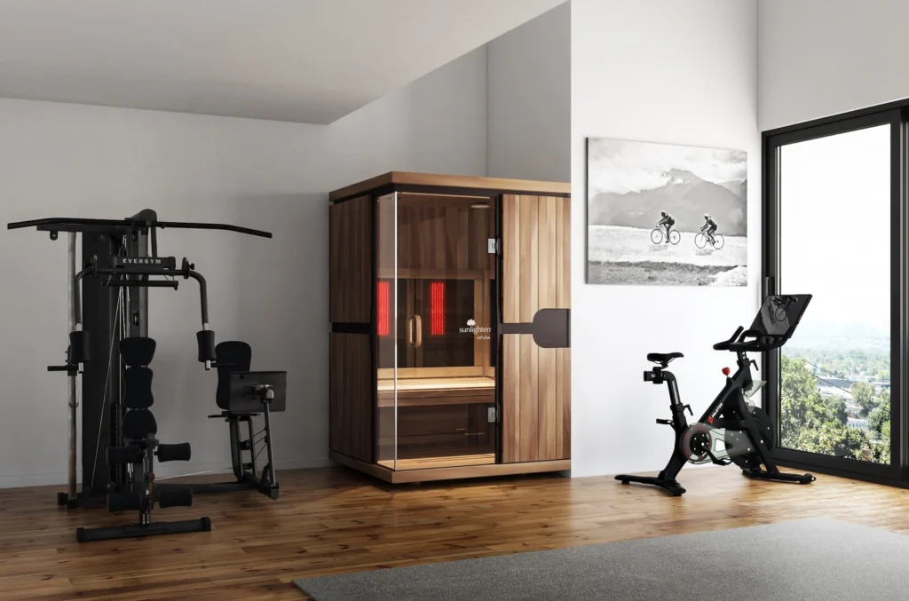 Sunlighten sauna inside a home fitness room