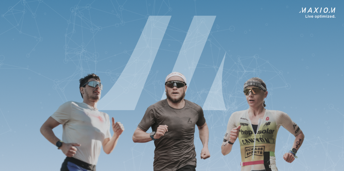 Three athletes running against a blue background.