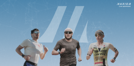 Three athletes running against a blue background.