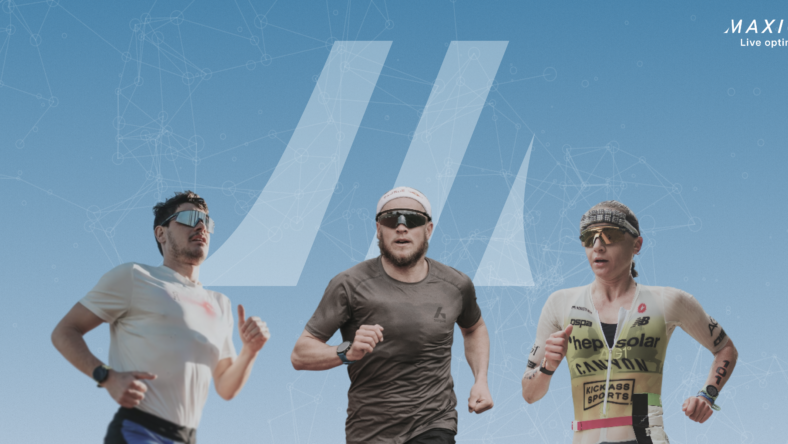 Three athletes running against a blue background.