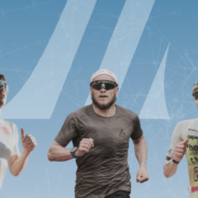 Three athletes running against a blue background.