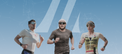 Three athletes running against a blue background.