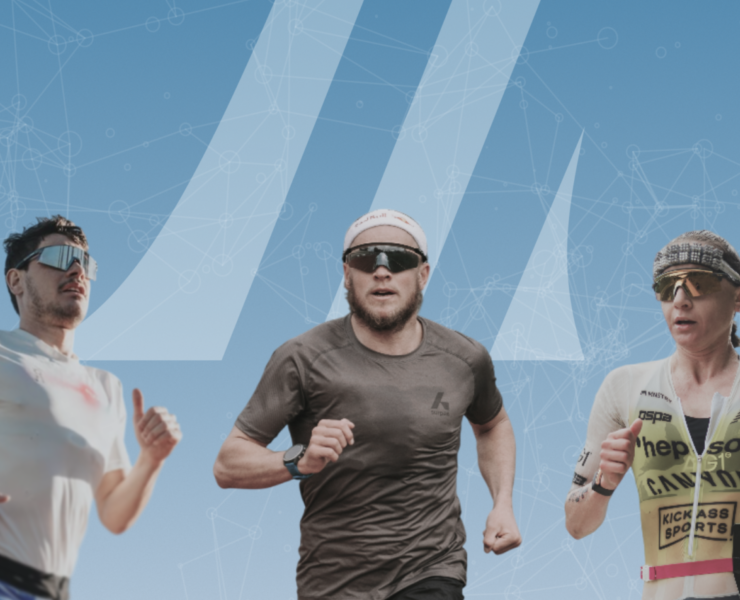 Three athletes running against a blue background.