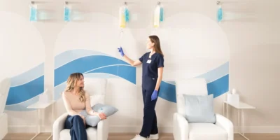A Hydration Room guest getting an IV administered by a woman.