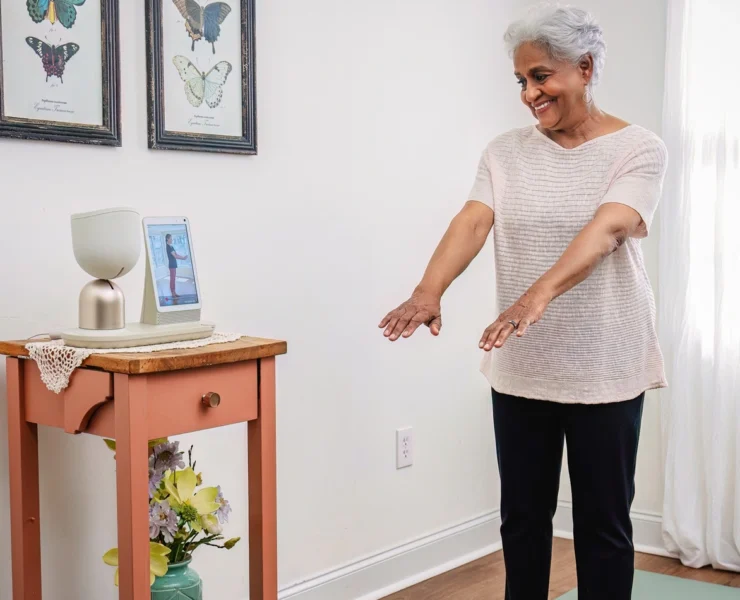 ElliQ being used by an older woman who is working out on a green yoga mat.