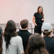 Woman speaking to crowd