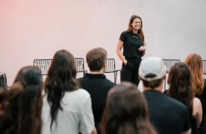 Woman speaking to crowd