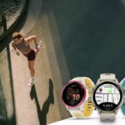 A woman running and three Garmin Forerunner watches.