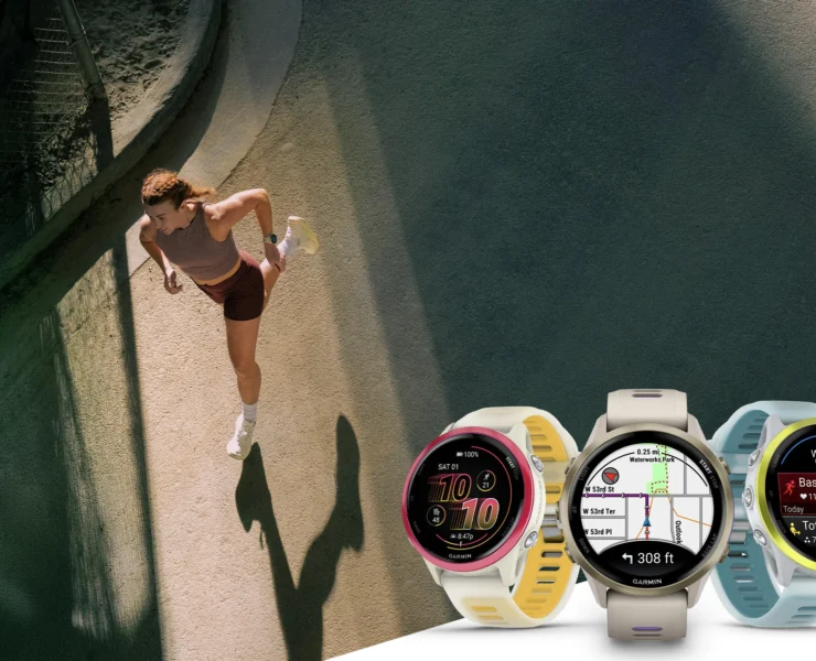 A woman running and three Garmin Forerunner watches.