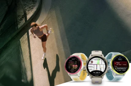 A woman running and three Garmin Forerunner watches.