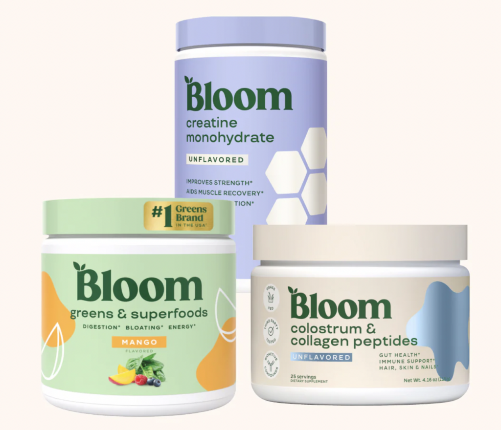 Bloom Nutrition Greens & Superfoods, Creatine Monohydrate and Colostrum & Collagen Peptides powders