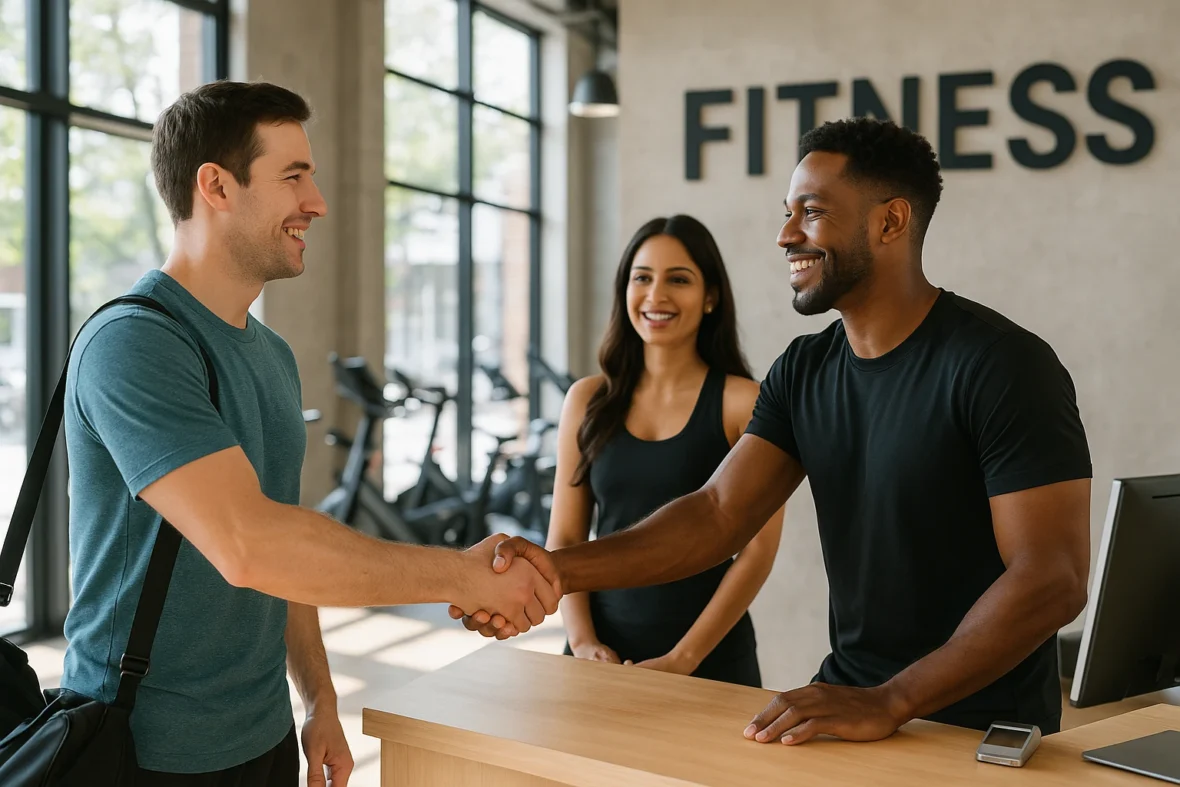 Gym client greeted by sales team