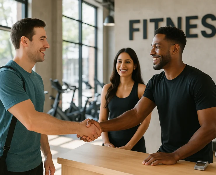 Gym client greeted by sales team