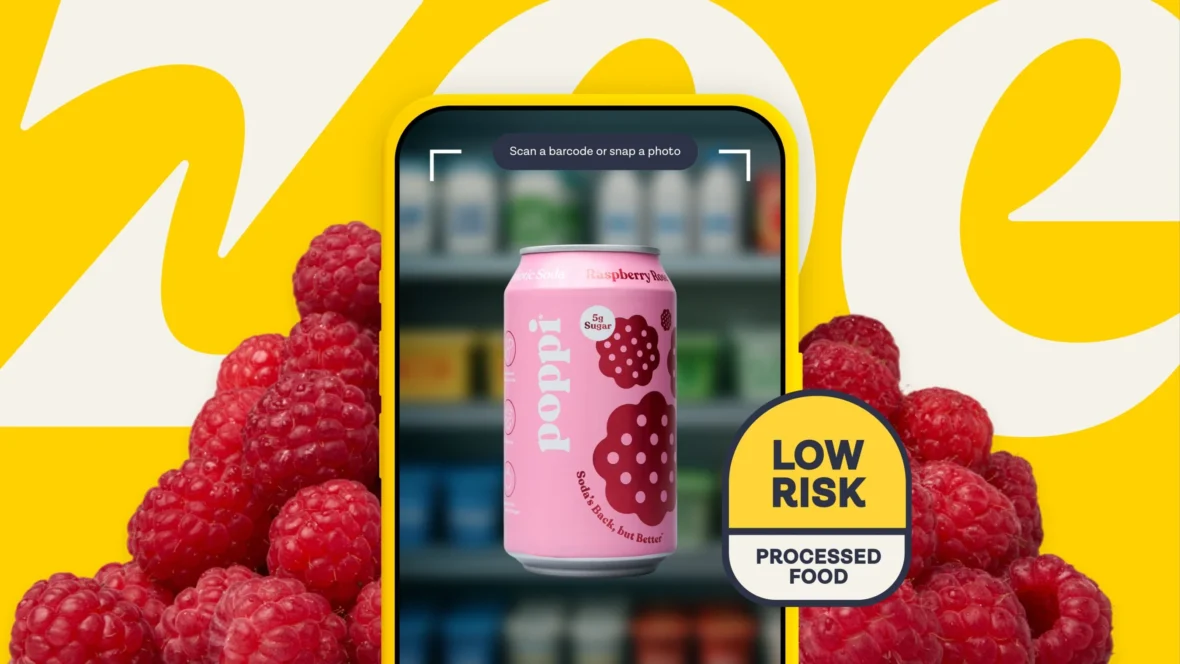 New ZOE risk scale app for food labeling, scanning a Poppi soda