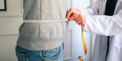 A doctor measuring a patient's waist.