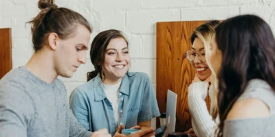 people at work, smiling