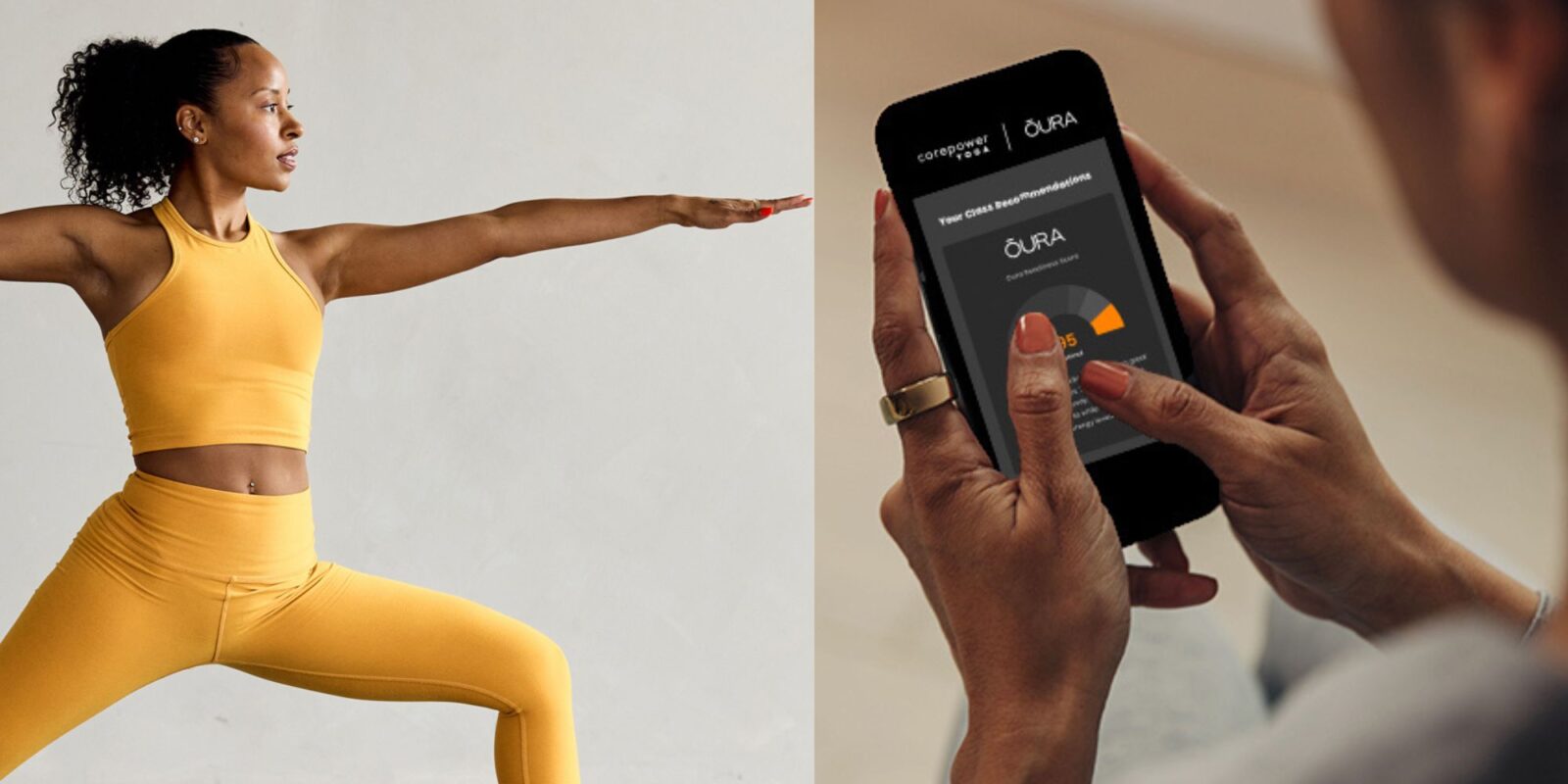 woman doing yoga and a screenshot of corepower's Oura integration