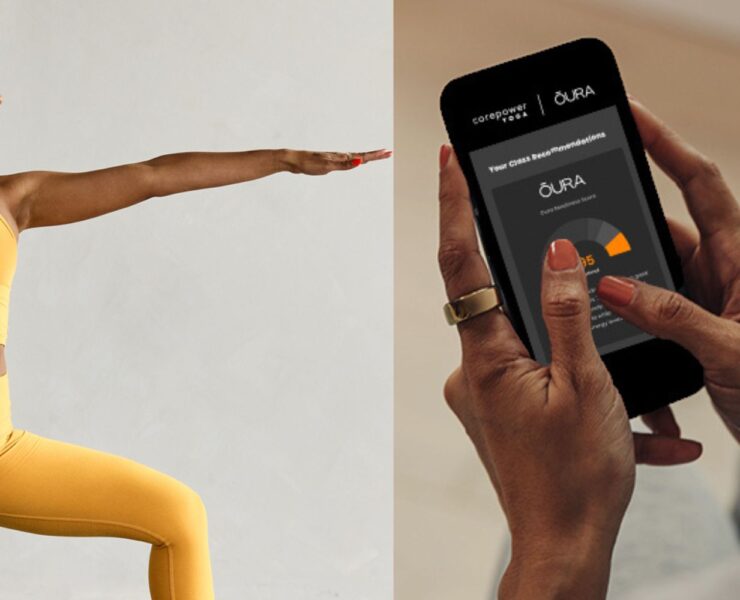 woman doing yoga and a screenshot of corepower's Oura integration