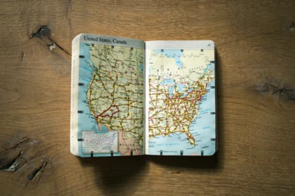 A book with a map of America inside.