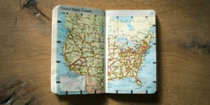 A book with a map of America inside.