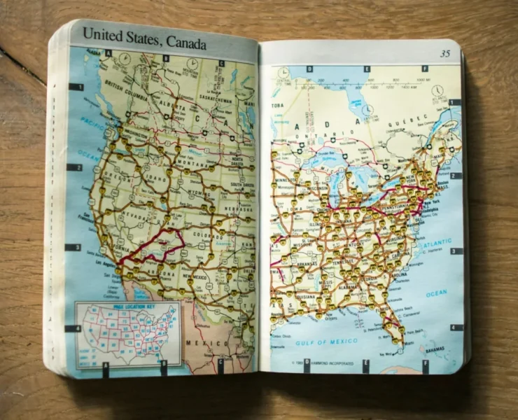 A book with a map of America inside.
