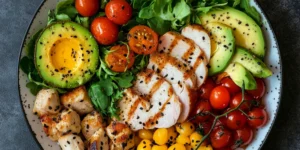 A plate of healthy and colorful food.