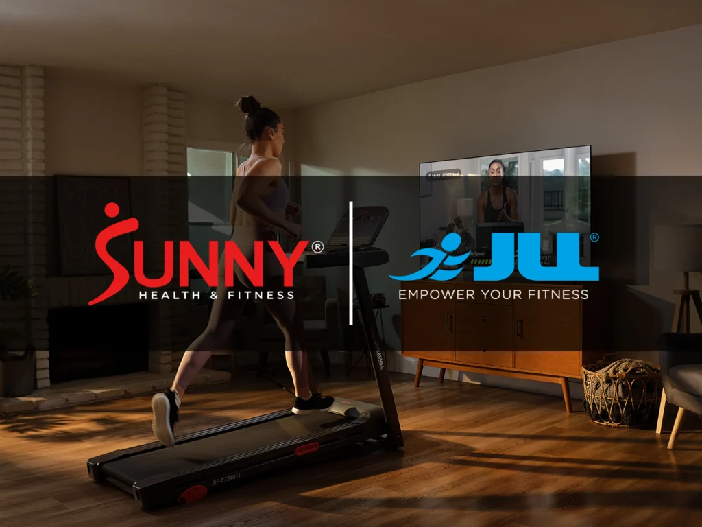 Sunny Health & Fitness x JLL promo photo with woman on a treadmill in a living room.