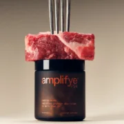 piece of steak on top of an amplifyeP24 supplement case