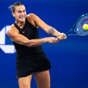 Aryna Sabalenka hits a tennis ball