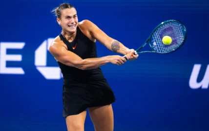 Aryna Sabalenka hits a tennis ball