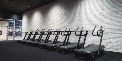 a lineup of treadmills at a gym
