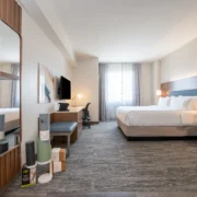 One king standard room with workout area