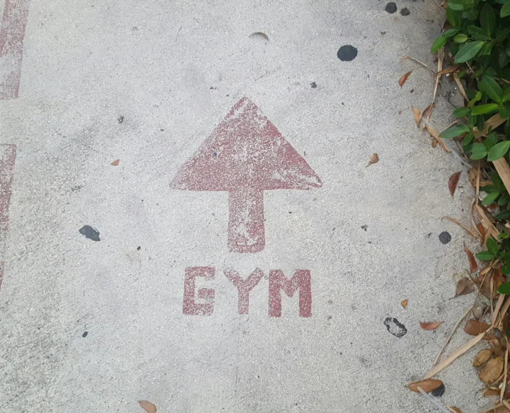 A sidewalk with "GYM" spray painted and an arrow.